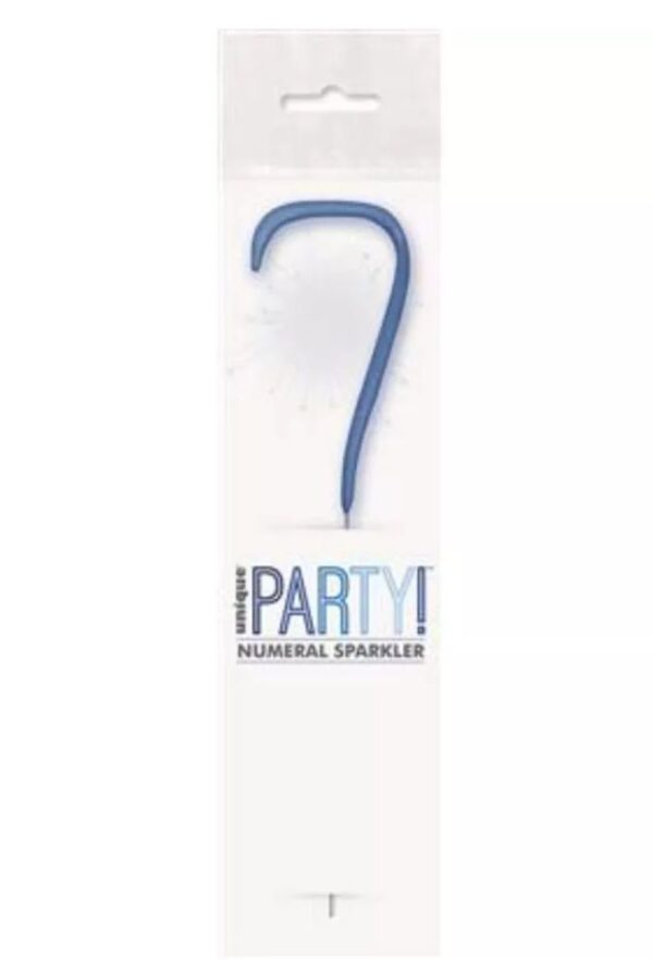 7 inch blue glitz sparkler shaped as the number seven in packaging