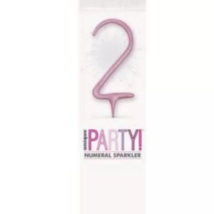 7 inch pink glitz number 2 sparkler in clear packaging with party label