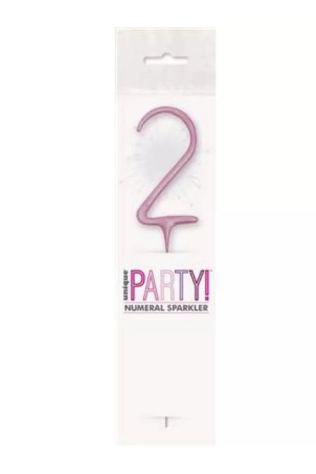 7 inch pink glitz number 2 sparkler in clear packaging with party label