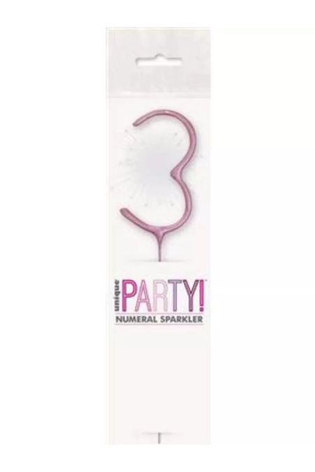 Unique Party Pink 3 7 inch pink glitter number 3 sparkler in packaging
