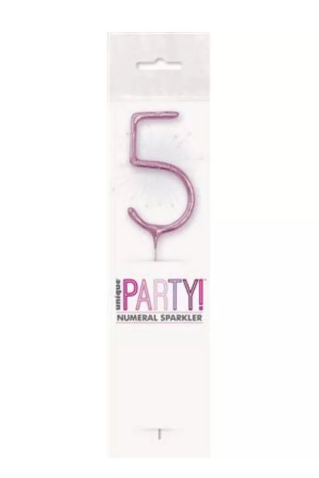 7 inch pink glitter number 5 birthday sparkler in clear packaging