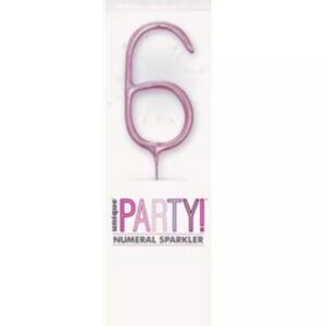 Pink glitz number 6 sparkler in packaging for party use