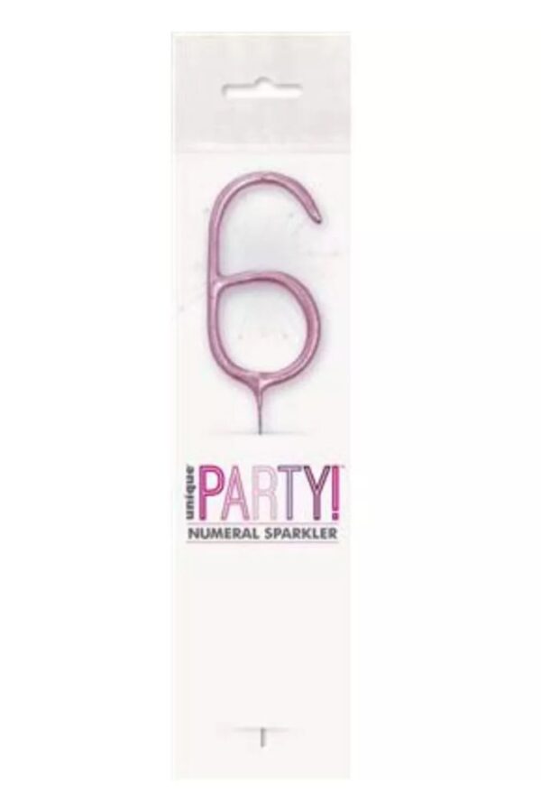 Pink glitz number 6 sparkler in packaging for party use