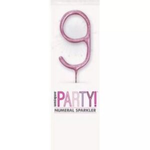 7 inch pink glitz sparkler shaped as number 9 in packaging