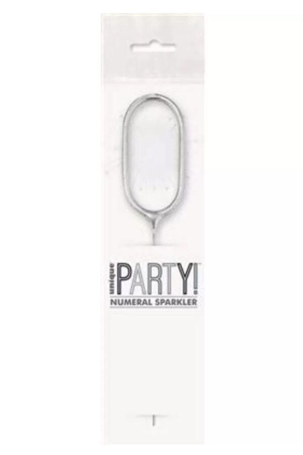 7 inch silver numeral 0 sparkler in packaging for party use