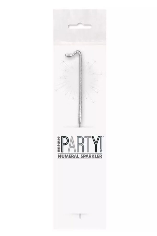 Unique Party Silver 1 7 inch silver glitz numeral 1 sparkler in packaging