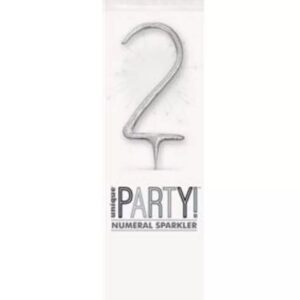 7 inch silver glitter number 2 sparkler in clear packaging with party label