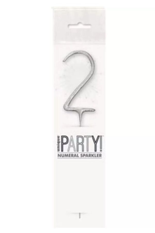 7 inch silver glitter number 2 sparkler in clear packaging with party label