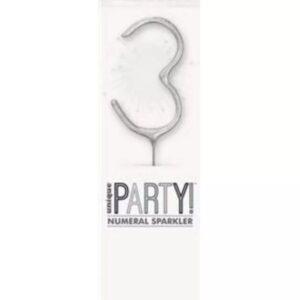 Silver glitz sparkler shaped as number three in clear packaging