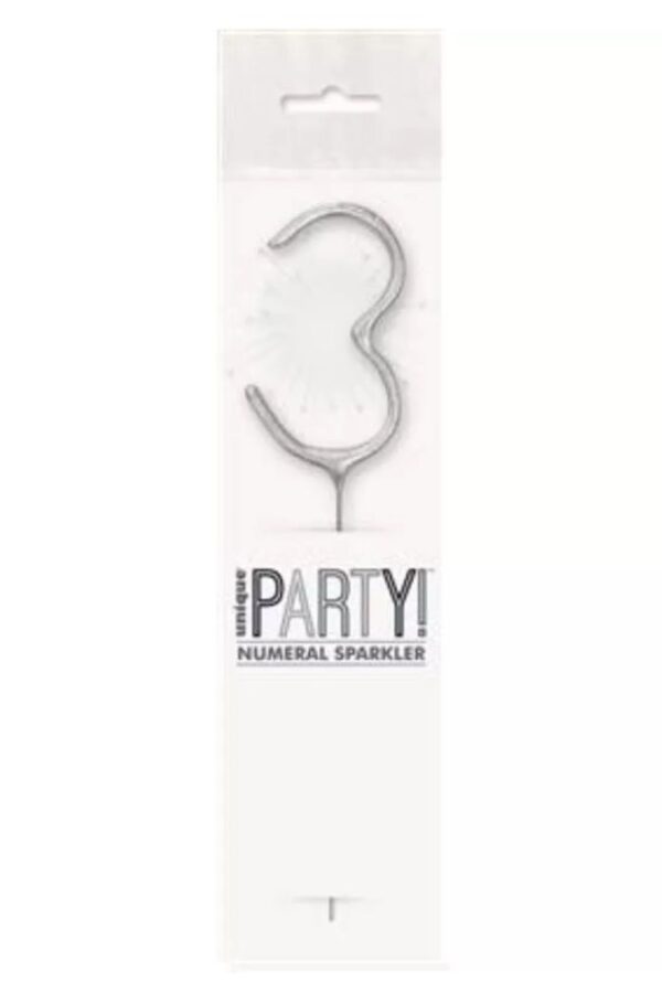 Unique Party Silver 3 Silver glitz sparkler shaped as number three in clear packaging