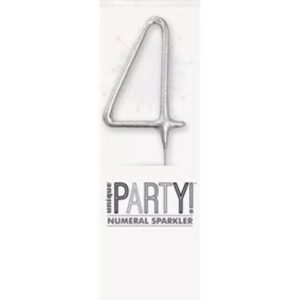 7 inch silver sparkler shaped as the number 4 in clear packaging