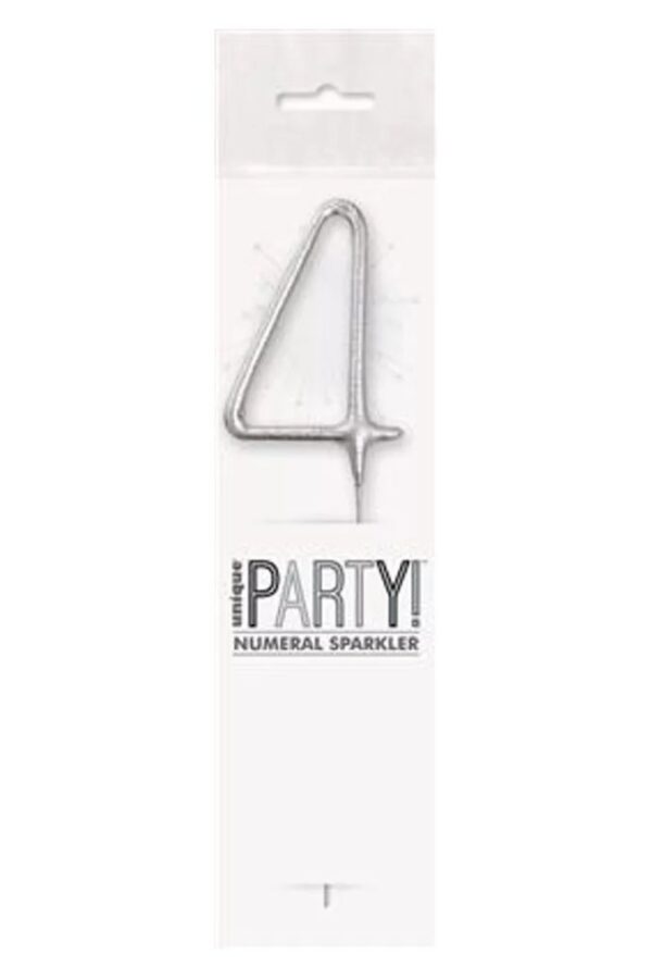 Unique Party Silver 4 7 inch silver sparkler shaped as the number 4 in clear packaging