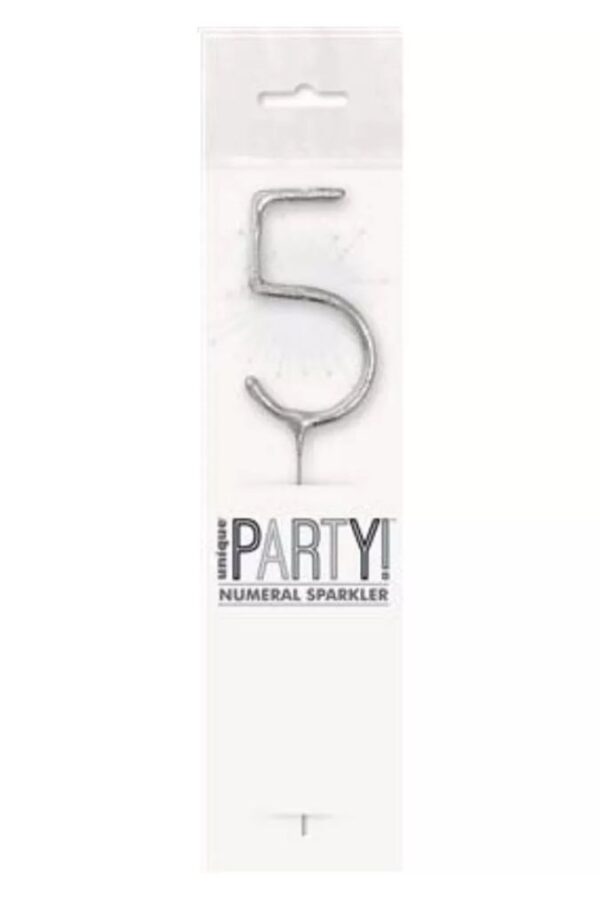 7 inch silver glitz numeral 5 sparkler in packaging for parties