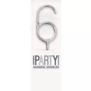 7 inch silver sparkler shaped as the number 6 in packaging