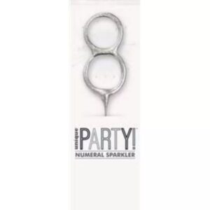 7 inch silver glitz sparkler shaped as number 8 in packaging
