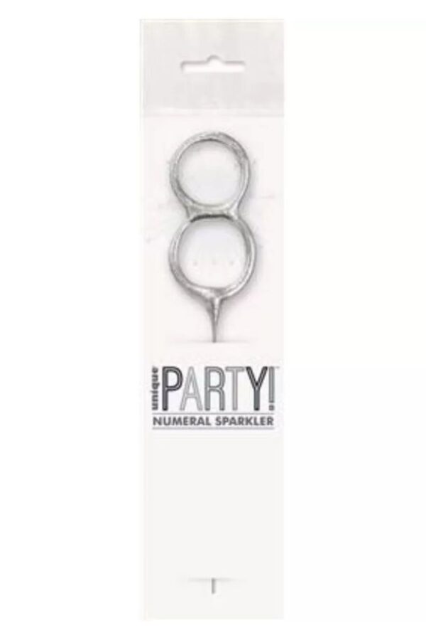 Unique Party Silver 8 7 inch silver glitz sparkler shaped as number 8 in packaging