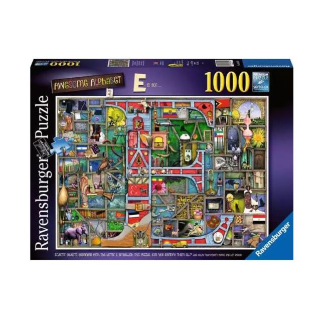 Awesome Alphabet E Ravensburger puzzle box featuring the colourful Awesome Alphabet E 1000 piece design