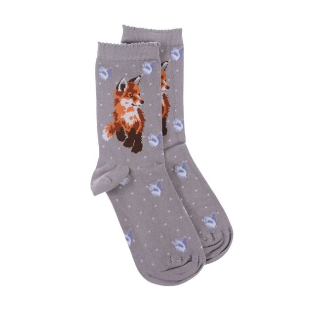 Born to be wild Fox Socks Wrendale Pair of grey Wrendale Born to be Wild fox socks showing full length and pattern