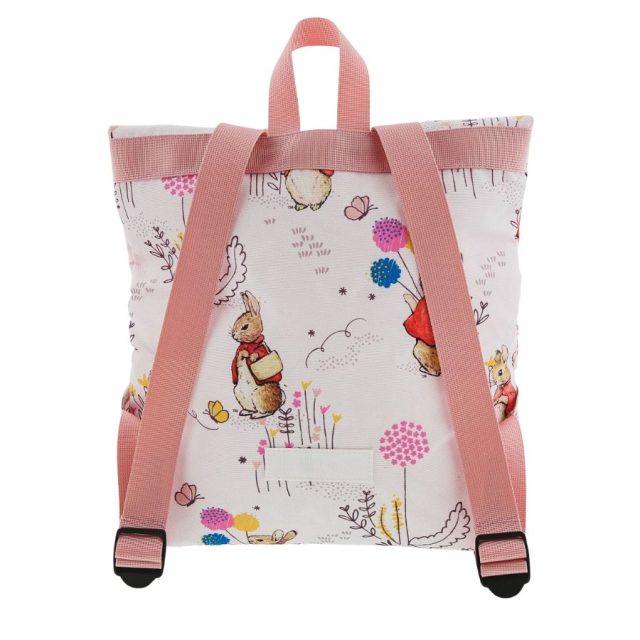 Childrens Backpack Flopsy Rear view of Flopsy Childrens Backpack showing adjustable pink straps and floral designs