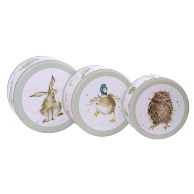 Wrendale cake tins from 'The Country Set' collection showing hare, duck and owl artwork on lids