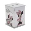 Disney Minnie Mouse money bank with silver plated panels and pink bow on white wooden base