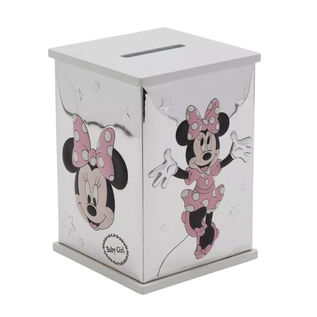 Side view of Disney Minnie Mouse money bank showing silver plated surface with Minnie in pink dress and bow