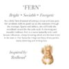 Wrendale 'Fern' squirrel plush character description card with handwritten style text