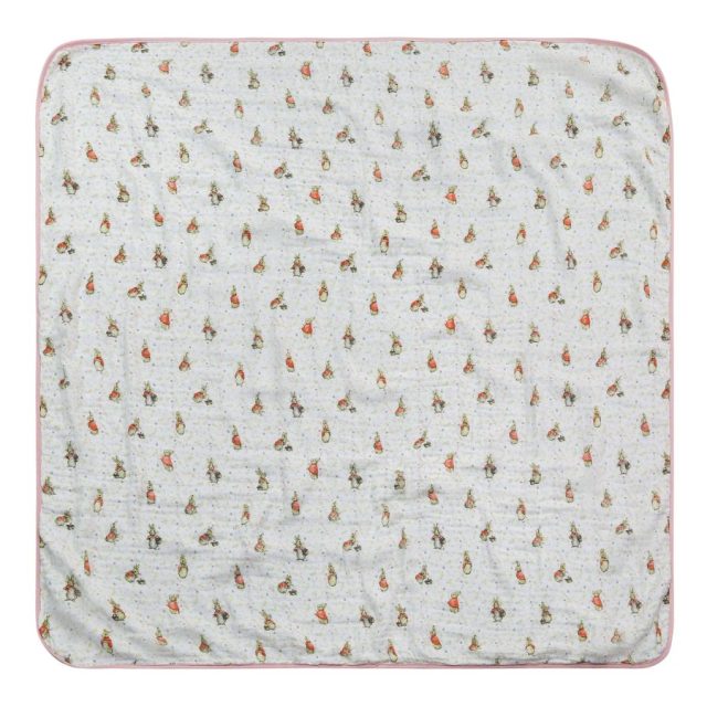 Flopsy Baby Collection Blanket by Beatrix Potter fully spread with detailed character print and pink edging