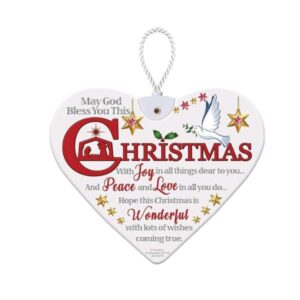 White ceramic heart plaque with Christmas blessing text, stars, holly and dove hanging ornament