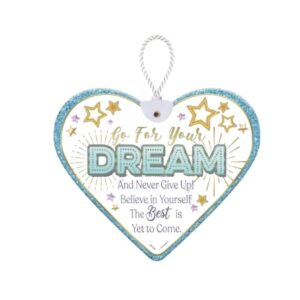 Ceramic heart plaque with Go For Your Dream text and star decorations hanging by a white cord