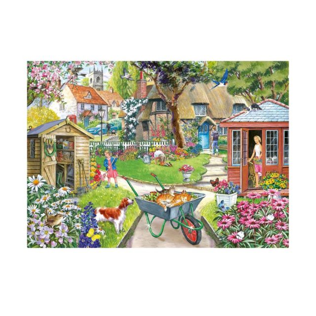 House of Puzzles Bloomin' Lovely Detailed scene of a colourful garden with cats in a wheelbarrow and people tending plants