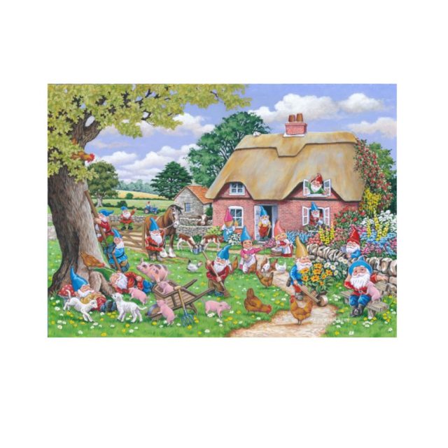House of Puzzles Gnome Farm Colourful garden scene with gnomes, animals and countryside cottage