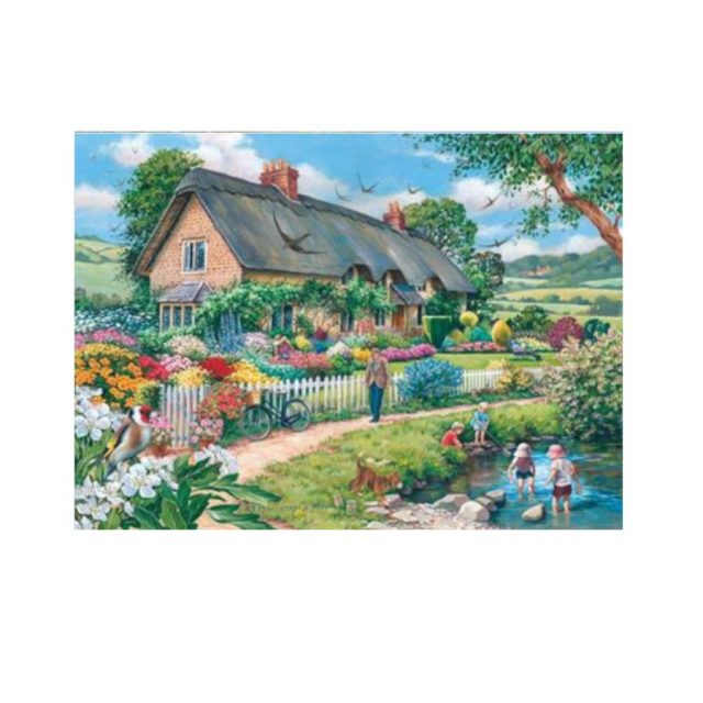 Colourful cottage garden scene with children playing by a river in the countryside