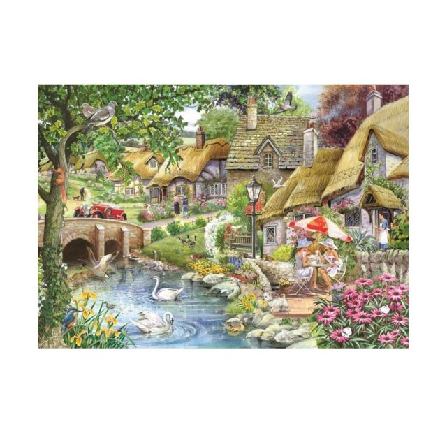 House of Puzzles Morning Coffee Morning Coffee scene jigsaw puzzle with village, river, bridge and swans