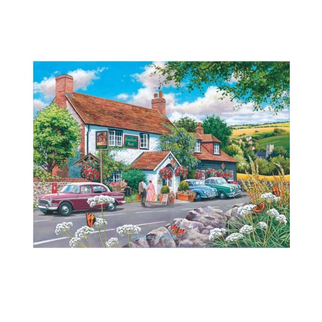 Jigsaw puzzle artwork depicting a rustic pub and vintage cars in a countryside scene