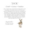 'Jack' Donkey character Description card for Wrendale Jack donkey showing character traits and illustration