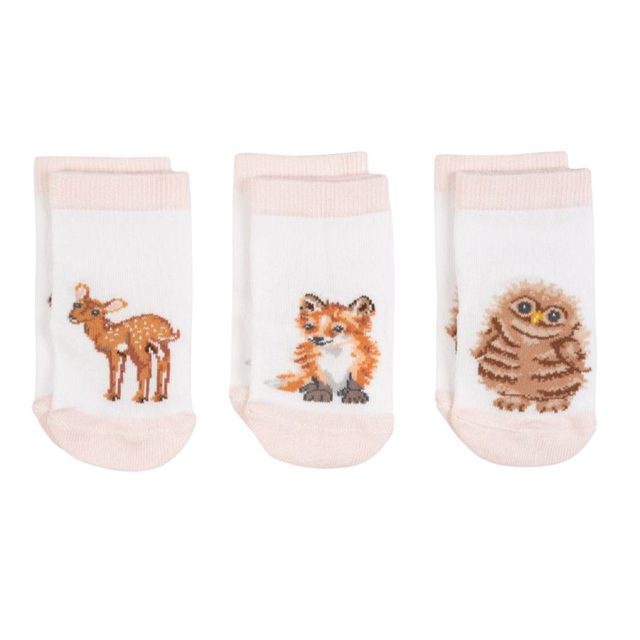 Three pairs of baby socks in white with pastel trims featuring deer, fox and owl woodland animals