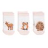 Three pairs of baby socks in white with pastel trims featuring deer, fox and owl woodland animals