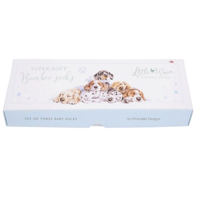 Gift box for Wrendale 'Little Paws' Dog baby socks featuring puppies illustration on lid