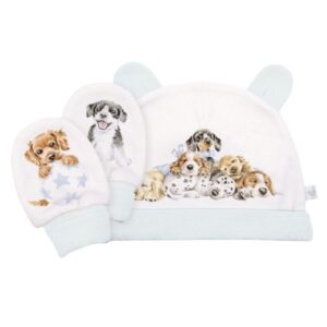 Wrendale Little Paws newborn baby hat with puppy illustrations and matching mittens