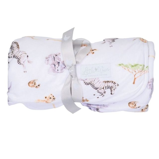 'Little Savannah' African Animal Baby Blanket Folded Wrendale Little Savannah African animal baby blanket with grey ribbon