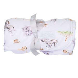 Folded Wrendale Little Savannah African animal baby blanket with grey ribbon