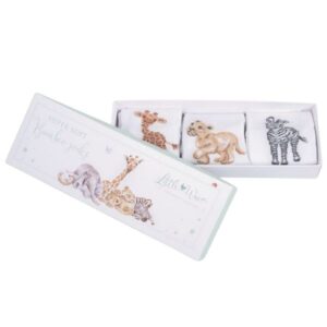 Set of three Wrendale Little Savannah bamboo baby socks with animal designs in gift box