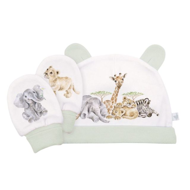 Wrendale newborn hat with green trim and matching mittens featuring African animal illustrations