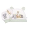 Wrendale newborn hat with green trim and matching mittens featuring African animal illustrations
