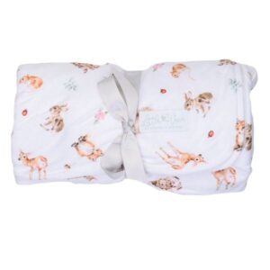 Folded Wrendale Little Forest baby blanket with woodland animal illustrations and grey ribbon