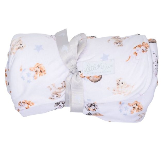 Little Wren 'Little Paws' Dog Baby Blanket Rolled up Wrendale Little Paws baby blanket tied with grosgrain ribbon featuring dog illustrations