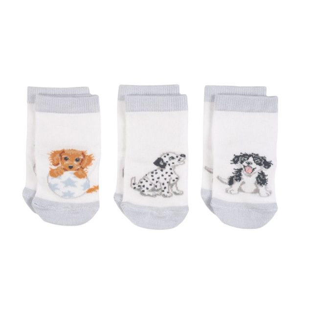 Three pairs of white baby socks each with a different dog design and grey cuffs