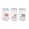 Three pairs of white baby socks each with a different dog design and grey cuffs
