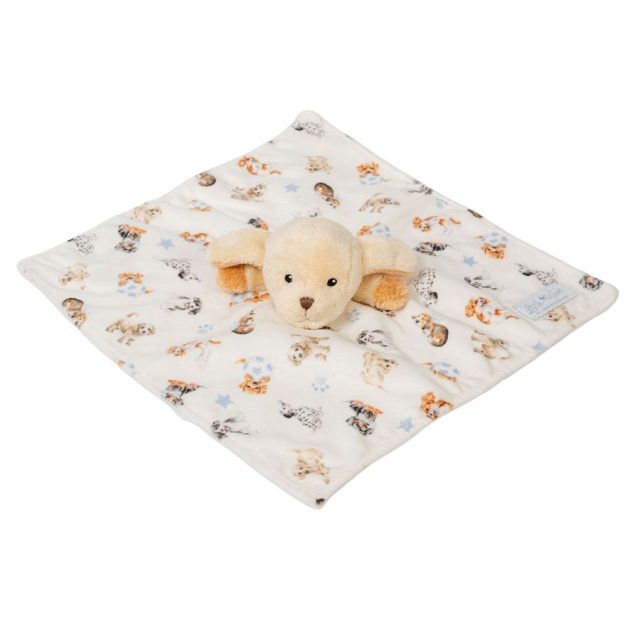 Little Wren 'Little Paws' Dog Plush Comforter Flat laid cozy baby blanket with dog plush head and dog pattern print